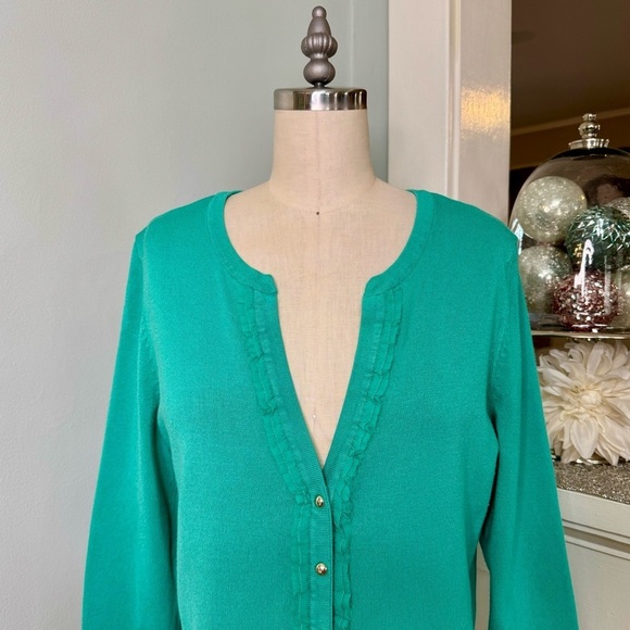 White House Black Market Green Snap Sweater Cardigan Ruffled Lace Trim Large - Picture 5 of 12